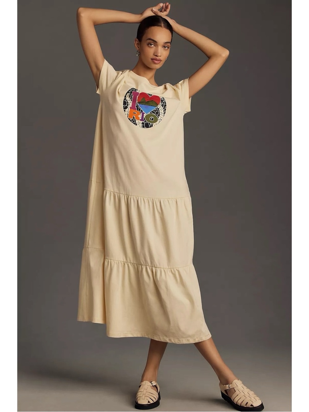 Farm Rio Oversized Short Sleeve Tiered T Shirt Midi Dress Ivory Size Small NWT